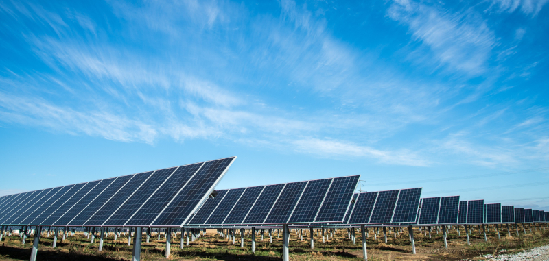 Solar panel farm with blue skies in the background.