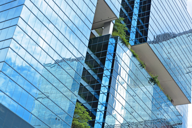 Commercial property with greenery growing down the side.