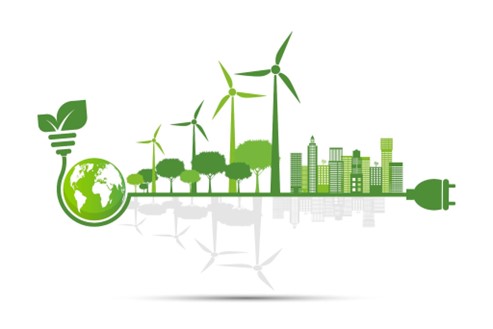 picture of green globe and wind turbines depicting environmental impact investing, carbon neutrality and green loans